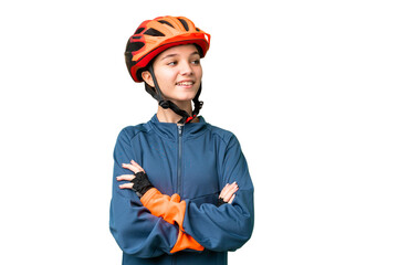 Teenager cyclist girl over isolated chroma key background happy and smiling