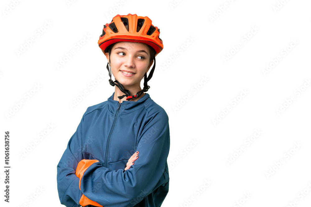 Poster Teenager cyclist girl over isolated chroma key background with arms crossed and happy