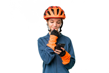 Teenager cyclist girl over isolated chroma key background thinking and sending a message
