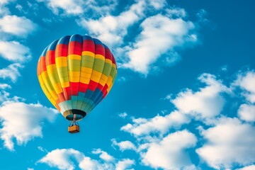 Fototapeta premium A vibrant hot air balloon drifts gracefully against a backdrop of fluffy white clouds and a clear blue sky. This image symbolizes freedom, adventure, travel, and the pursuit of dreams.