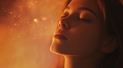 A young woman with eyes closed, bathed in warm golden light, appears to be lost in thought, gazing at a distant constellation of stars. She symbolizes serenity, introspection, dreams, hope, and the un