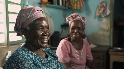 Obraz premium Two women share a moment of joy and conversation in a colorful, cozy room, radiating warmth and friendship through their bright smiles.