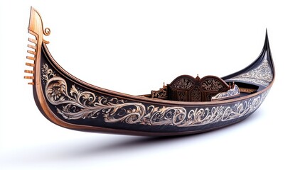 An elegant decorative gondola with intricate designs, symbolizing Venetian craftsmanship, romanticism, travel, luxury, and history.