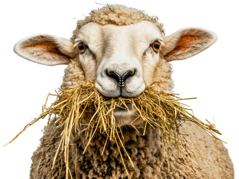 Gentle sheep eating hay, pastoral isolated farm livestock domestic, rustic village animal agriculture nature, rural woolly fluffy, countryside peaceful farmland