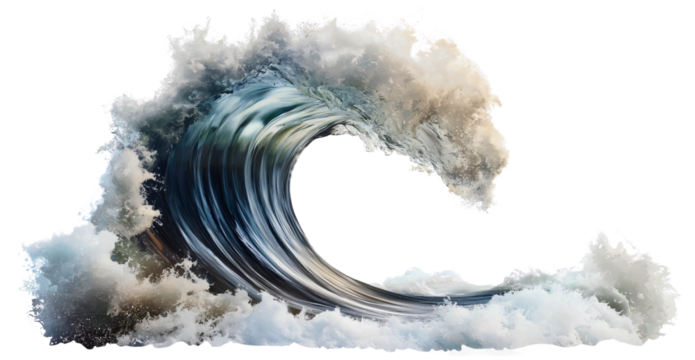 Powerful ocean sea tsunami, towering wave isolated big splash, mighty surf water flood illustration, dramatic stormy destructive, turbulent giant surge