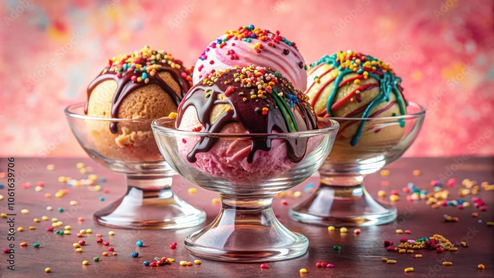 Aufkleber a trio of colorful ice cream scoops adorned with sprinkles and chocolate drizzles, nestled in elegan