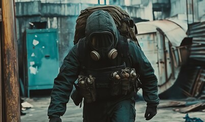 Fototapeta premium Person in gas mask and gear walking.