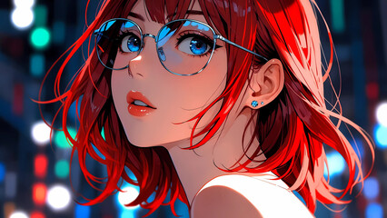 A vibrant anime-style portrait of a red-haired woman with beautiful eyes and blue sunglasses. She embodies both coolness and cuteness. Exuding a modern and energetic aesthetic.