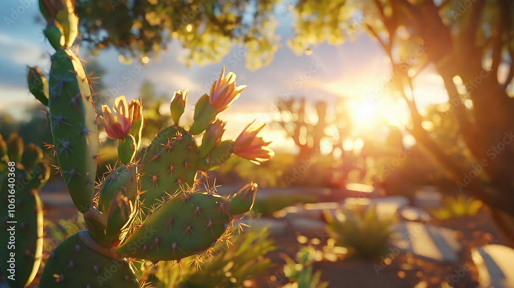 Poster a close-up view of a cactus in the desert, bathed in the warm glow of golden hour.