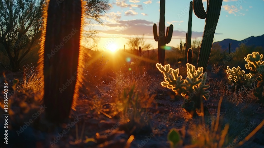 Poster a close-up view of a cactus in the desert, bathed in the warm glow of golden hour.