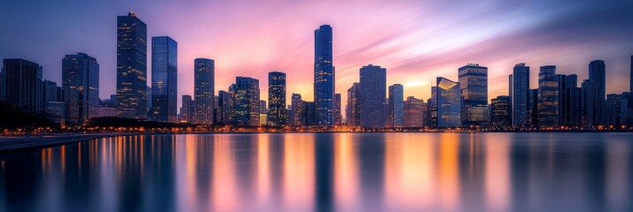 Naklejka premium A panoramic view of a modern city skyline with illuminated skyscrapers reflecting in a calm body of water at sunset. The cityscape evokes a sense of progress, innovation, and urban living.