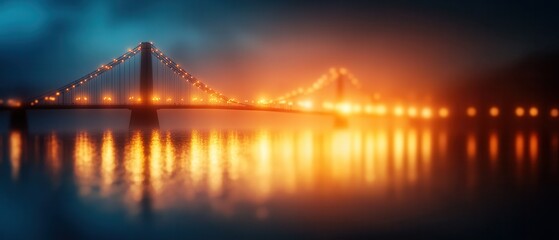 Fototapeta premium Illuminated bridge at night reflecting in calm waters, atmospheric and serene.