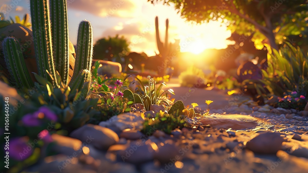 Poster a close-up view of a cactus in the desert, bathed in the warm glow of golden hour.