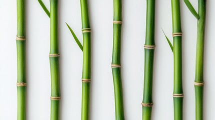 Naklejka premium Green bamboo stems arranged in a row on a white background, symbolizing nature, strength, growth, purity, and simplicity.