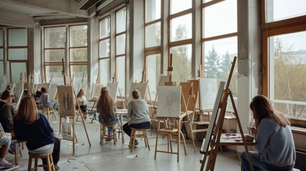 Sunlit art classroom filled with students at easels, engaged in creative exploration, surrounded by large windows offering an inspiring natural view.