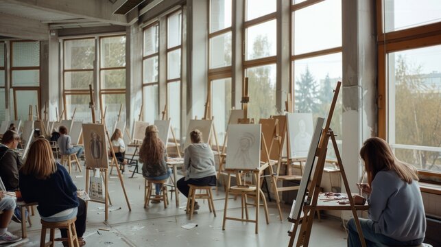 Sunlit art classroom filled with students at easels, engaged in creative exploration, surrounded by large windows offering an inspiring natural view.