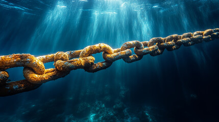 Sun rays illuminate anchor chain submerged underwater, showcasing intricate details of rust and texture. serene underwater scene evokes sense of tranquility and depth