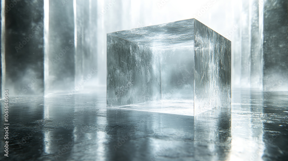 Wall mural transparent cube in misty environment, reflecting light and creating serene atmosphere. cube appears