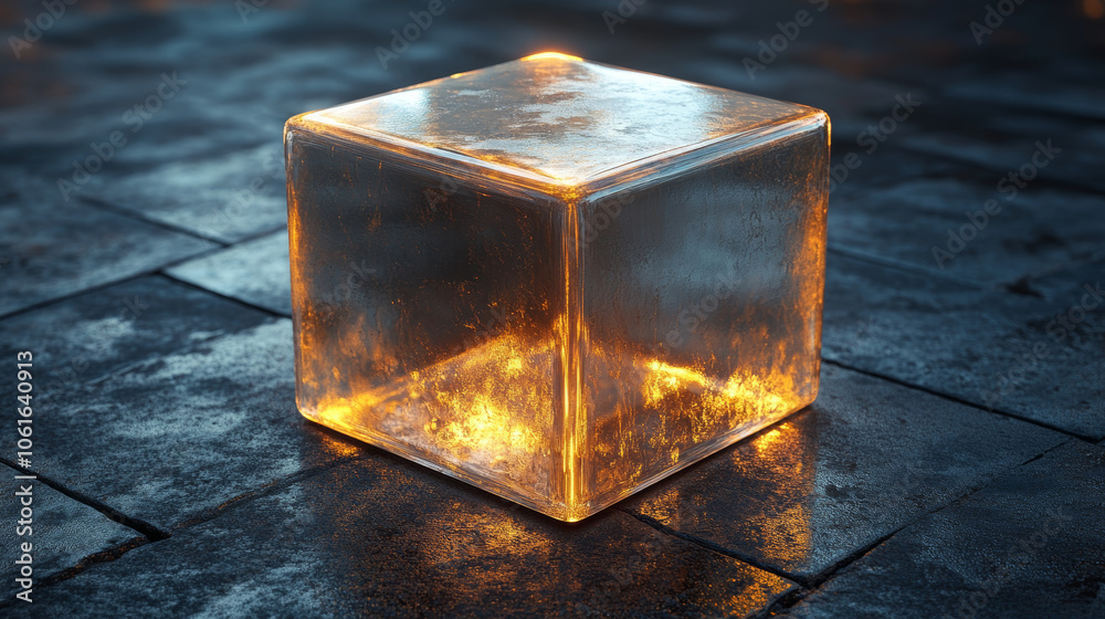 Canvas Prints transparent cube with glowing edges sits on textured surface, creating striking visual effect. inter