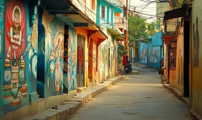 Narrow street with colorful murals and buildings.