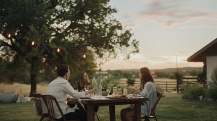 Fototapeta premium Friends dine al fresco, surrounded by open fields and under a twilight sky, underlining a deep sense of connection at sunset.