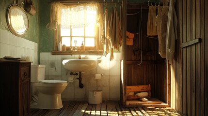 Rustic Bathroom Interior with Wooden Walls and Laundry Drying.