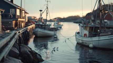 Fototapeta premium Calm harbor scene at dusk, fishing boats gently bob in the water, surrounded by wooden docks and rustic buildings, creating a nostalgic seaside charm.