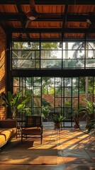 This image showcases a warm and inviting rustic interior space with a large glass window that offers a scenic view of the lush outdoor garden  The space features natural wooden elements