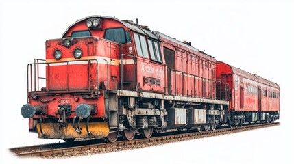 Obraz premium A powerful red diesel locomotive isolated on a white background, ready to pull heavy loads across the tracks. The locomotive is a symbol of industrial strength, transportation, and travel.