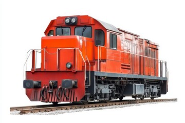 Obraz premium A powerful red diesel locomotive isolated on a white background, symbolizing transportation, industry, strength, power, and speed.