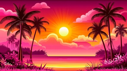 Experience the vibrant beauty of tall palm trees silhouetted against a tropical sunset landscape