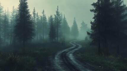 Winding road through the misty forest a serene