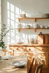 A bright and airy kitchen interior featuring wooden sideboard, shelves with dishware, and soft shadows cast by sunlight. serene atmosphere invites warmth and comfort