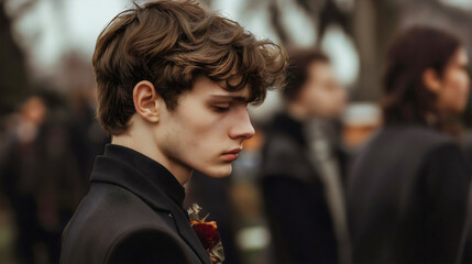 Grieving sad man funeral, mournful loss sorrow grief mourning, somber unhappy death cemetery family, emotional sorrowful solemn, bereaved heartbroken pain, copy space