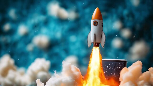 A white toy rocket with an orange nose cone blasts off from a laptop screen, surrounded by white clouds. The background is a blurred blue and white, suggesting a cloudy sky.