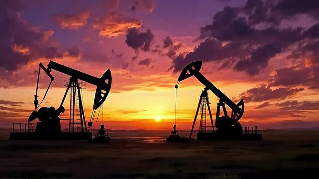 A dramatic sunset over an oil field, featuring pump jacks silhouetted against vibrant clouds and a glowing horizon, highlighting the industrial landscape and energy production.