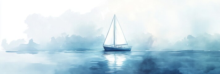 A solitary sailboat glides gracefully across calm, blue waters, bathed in the soft light of a watercolor sky. The scene evokes a sense of tranquility, freedom, and the beauty of nature. © Nima