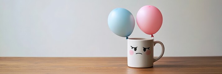 Fototapeta premium A white mug with a sad face and two balloons, one blue and one pink, symbolizing sadness, disappointment, hope, love, and celebration.