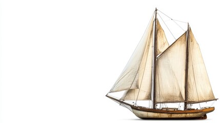 Obraz premium Sailboat with full sails, isolated on a white background. A classic sailing vessel with white sails and a wooden hull. The sails are billowing in the wind, and the boat is sailing on a clear day. Thi