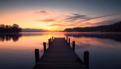 Fototapeta premium magic sunrise over the lake with old wooden jetty