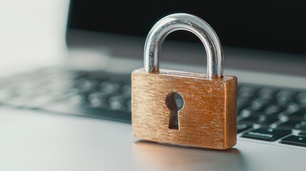 Fototapeta premium A padlock rests securely on the keyboard of a laptop, symbolizing online security, data protection, privacy, cyber safety, and password protection.