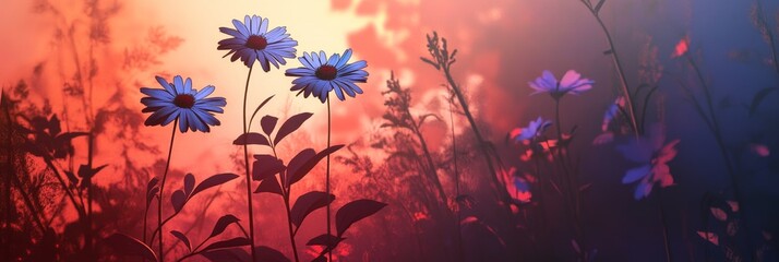A captivating silhouette of sapphire mist aster flowers against a vibrant sunset sky, symbolizing beauty, fragility, hope, and the fleeting nature of time.