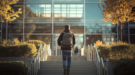 Determined rearview student walking, purposeful staircase school college backpack, aspiring university boy campus education, academic ambitious ascending, youthful knowledge progressive