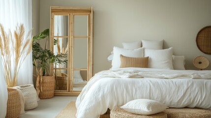 Minimalist Bedroom Interior with White Bedding and Natural Textures.