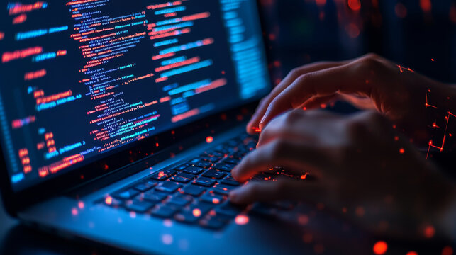 image showcases close up of hands typing on laptop keyboard, with colorful code displayed on screen, creating dynamic and tech savvy atmosphere