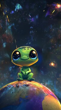Charming frog admiring the beauty of falling stars in a colorful galaxy