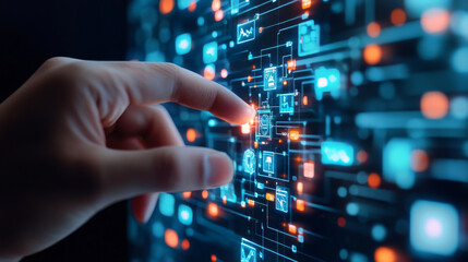 Fototapeta premium A hand interacting with digital interface, showcasing technology and data visualization. vibrant colors and intricate patterns evoke sense of innovation and connectivity
