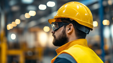 A construction worker wearing yellow hard hat and safety goggles stands in warehouse, focused on task ahead. environment is industrial, highlighting safety and professionalism
