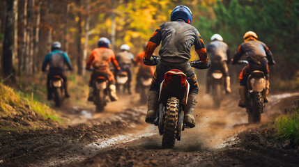 Naklejka premium Dynamic motocross motorcycle motorbike, intense race dirt track extreme, thrilling competition mud speed sport, championship fast powerful, adrenaline fueled action motorsport