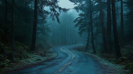 Obraz premium Winding road through the misty forest a serene
